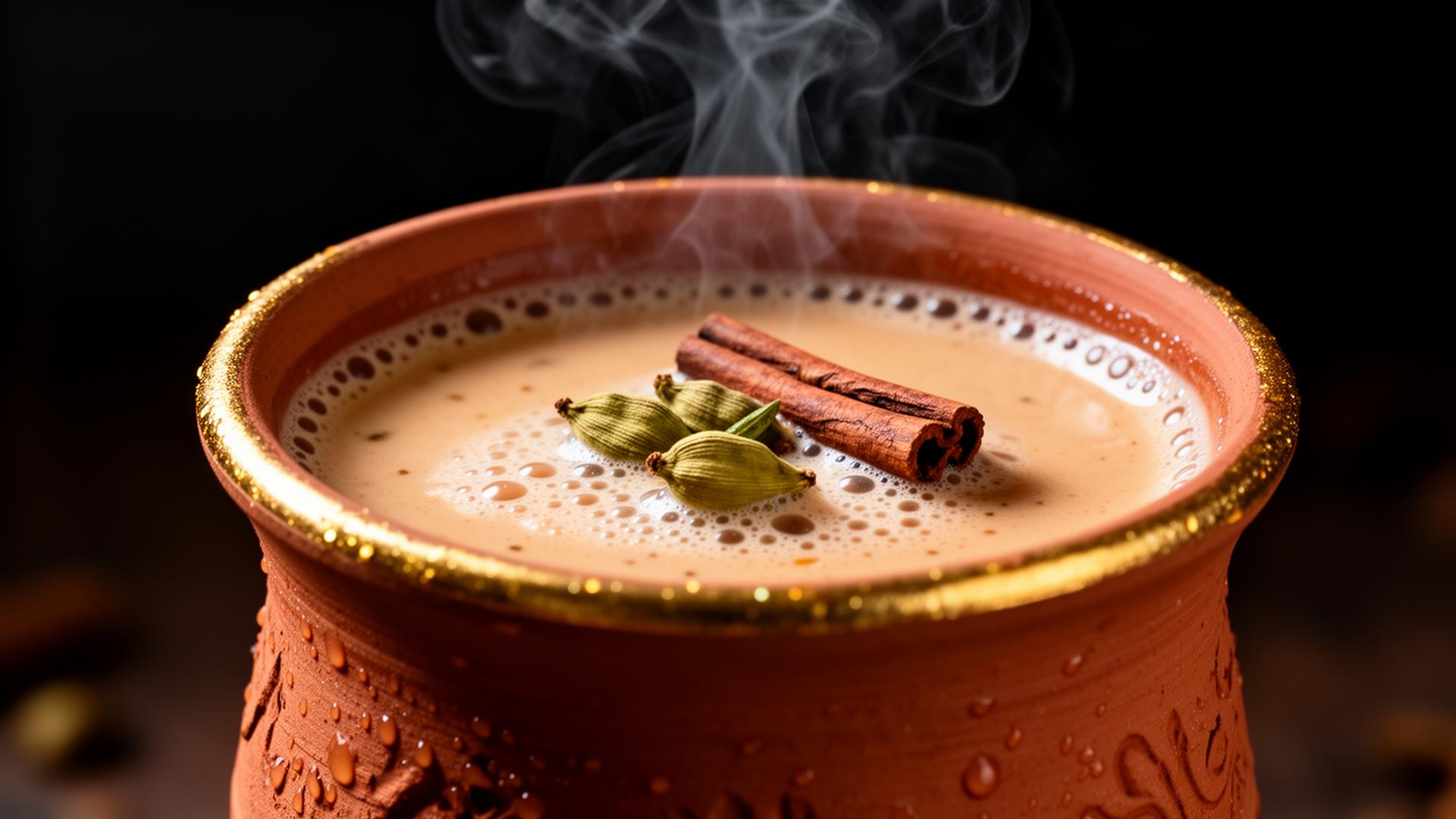 Dip Tea homemade chai masala brewed into a clay cup of masala chai