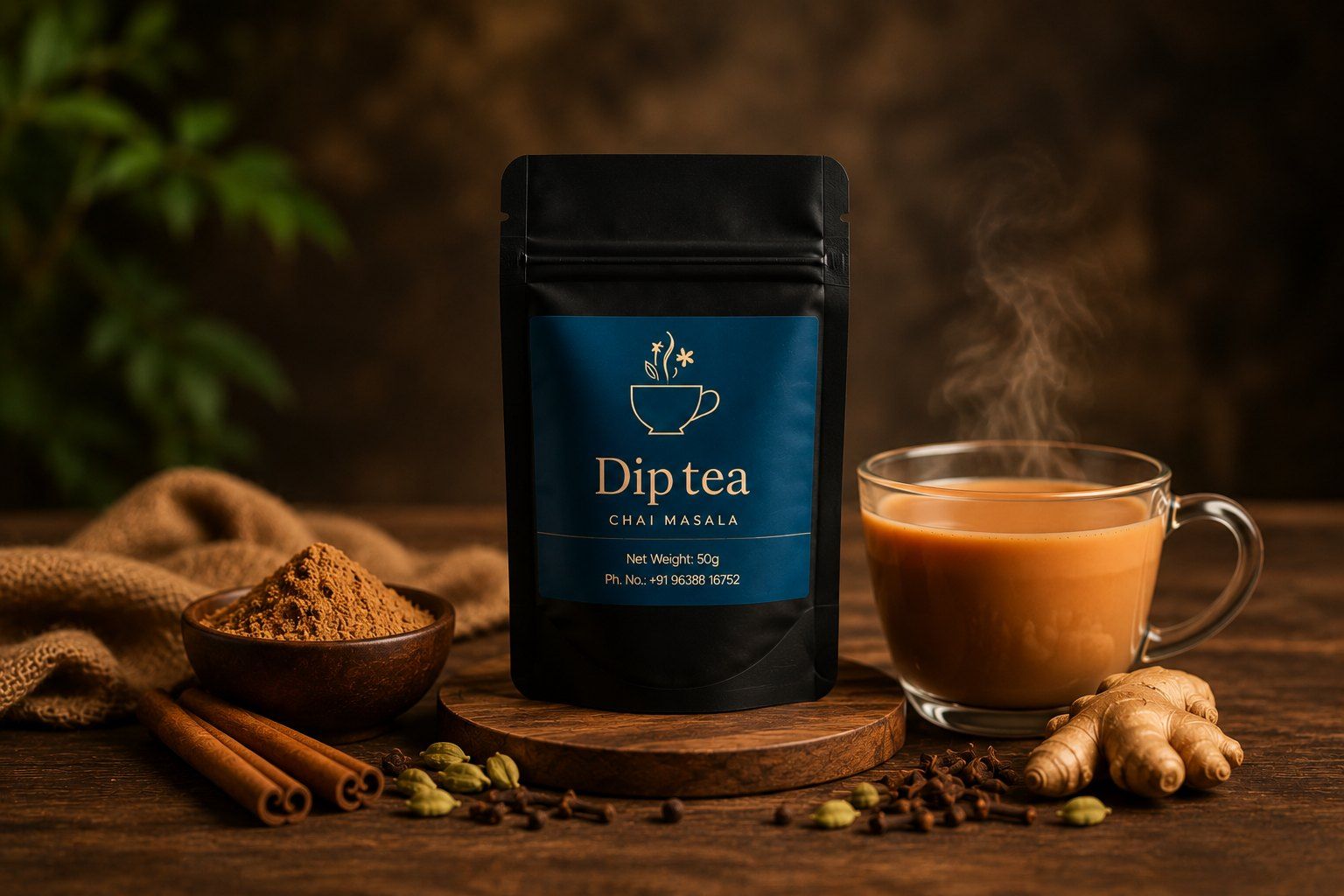 Dip Tea Chai Masala pouch with a steaming cup of chai and whole spices
